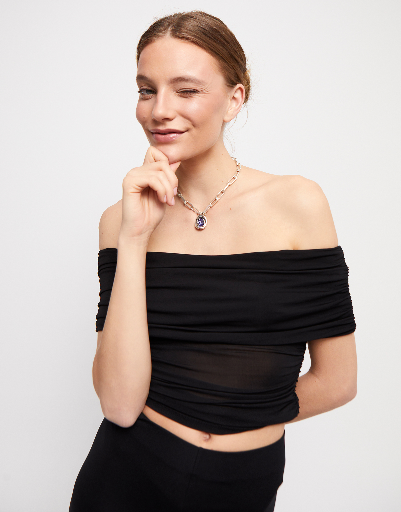 Short link chain pendant necklace purple crystal, Silver, large thumbnail